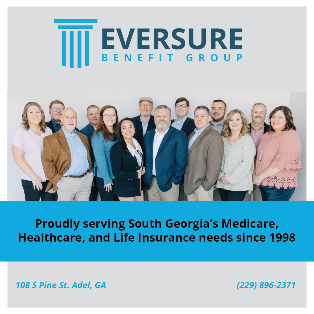 We are Eversure Benefit Group: A photo of the agents and staff with the tagline "Proudly serving South Georgia's Medicare, Healthcare, and Life Insurance needs since 1998."