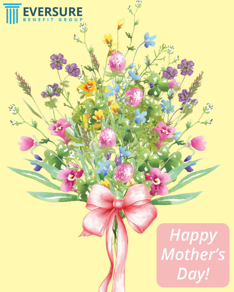 Photo of a bouquet of wildflowers with a bow on a yellow background. Text that reads "Happy Mothers Day" sits in the bottom right hand corner. 
