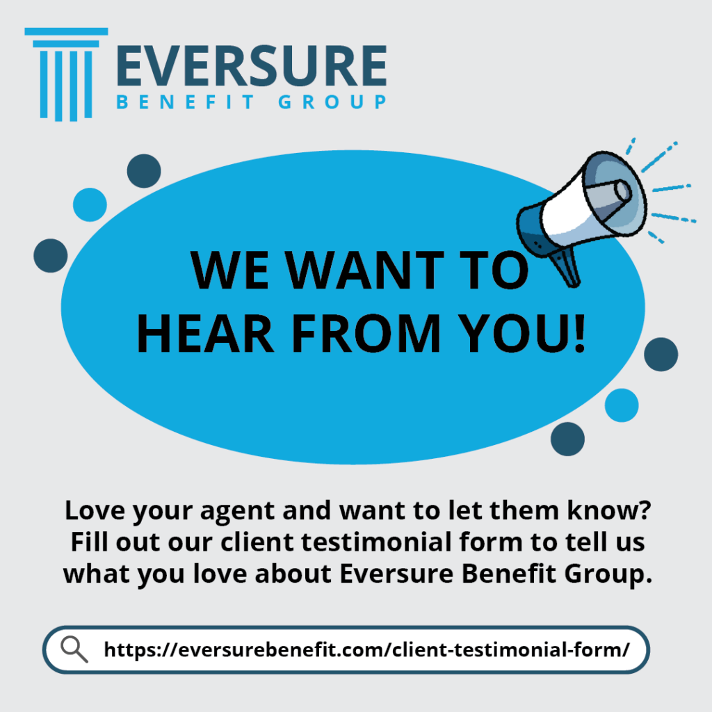 Image that says, "We Want To Hear From You!" with a link to the client testimonial page