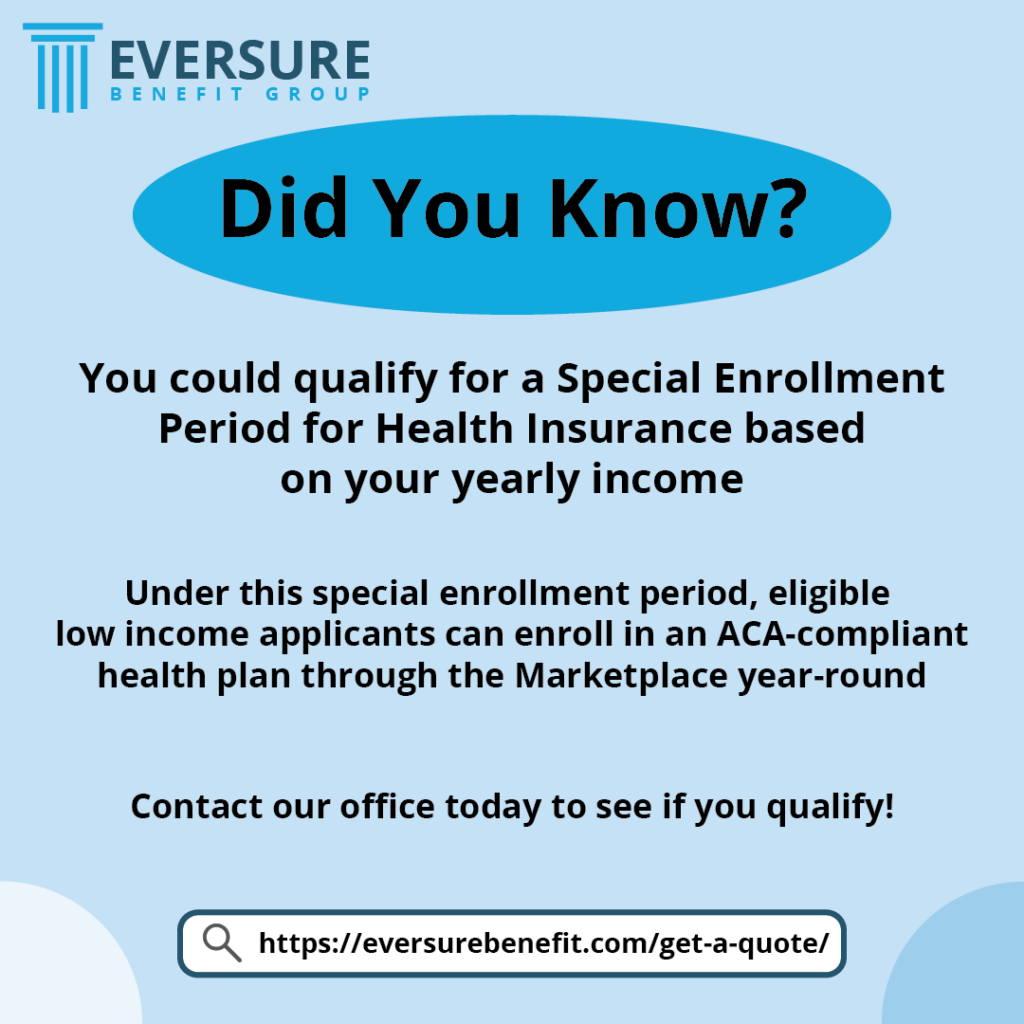 Graphic stating, " Did you Know?" as the header. The body reads, "You could qualify for a Special Enrollment
Period for Health Insurance based
on your yearly income. Under this special enrollment period, eligible 
low income applicants can enroll in an ACA-compliant health plan through the Marketplace year-round"