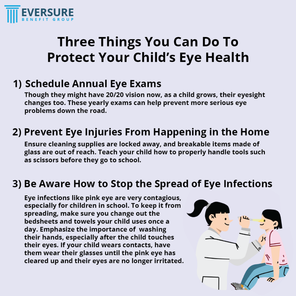 A graphic listing the three things you can do to protect your child's eye health, including a cartoon image of a doctor preforming an eye exam on a young girl.